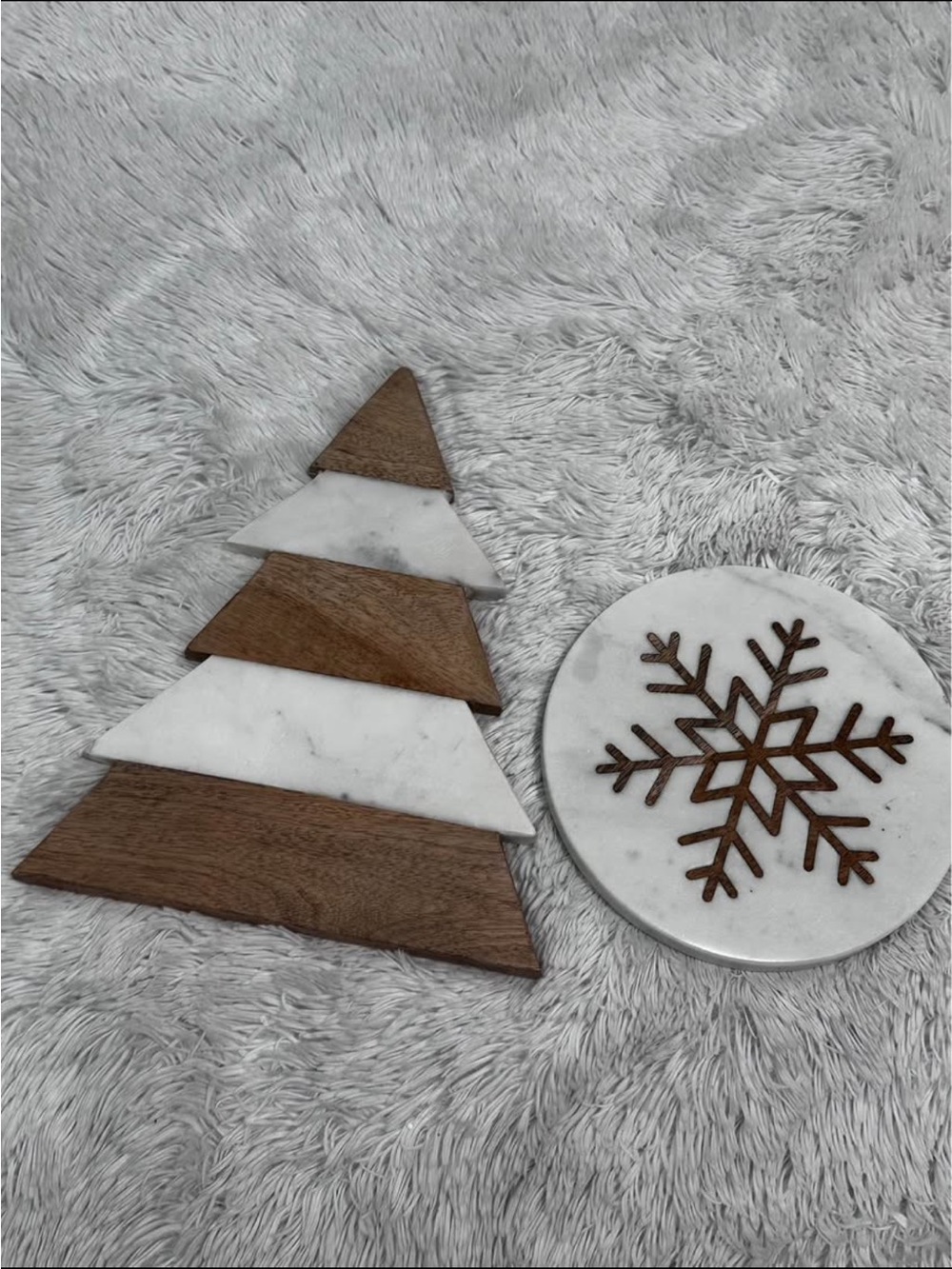 ❤️ New! Set of 2 Crate & Barrel Christmas Wood/Marble  Trivets